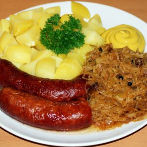 sausage, sauerkraut, potatoes
