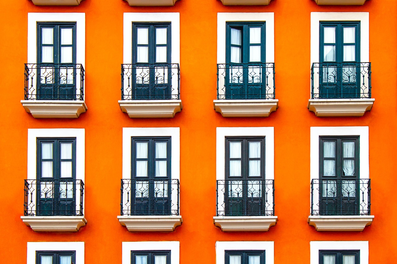 windows, orange, facade, building, balconies, window panes, architecture, structure, exterior, windows, windows, orange, orange, orange, orange, orange, facade, building, building, architecture