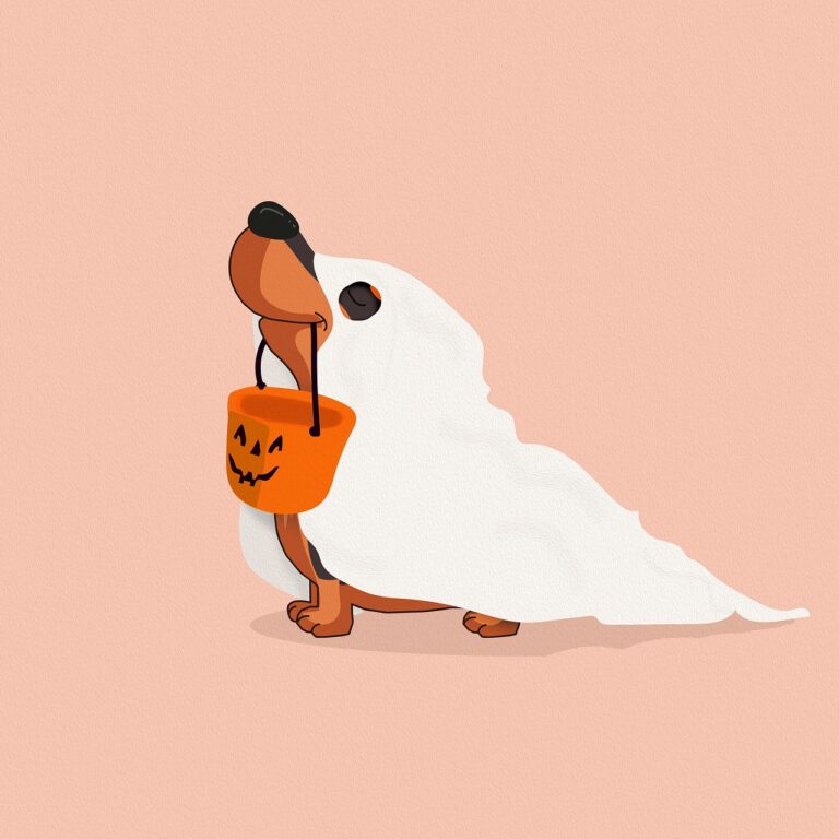 autumncontest, autumn, ghost, puppy, dog, halloween, pumpkin, background, animal, halloween background, drawing, dachshund, pet