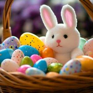 a stuffed rabbit sitting in a basket filled with eggs